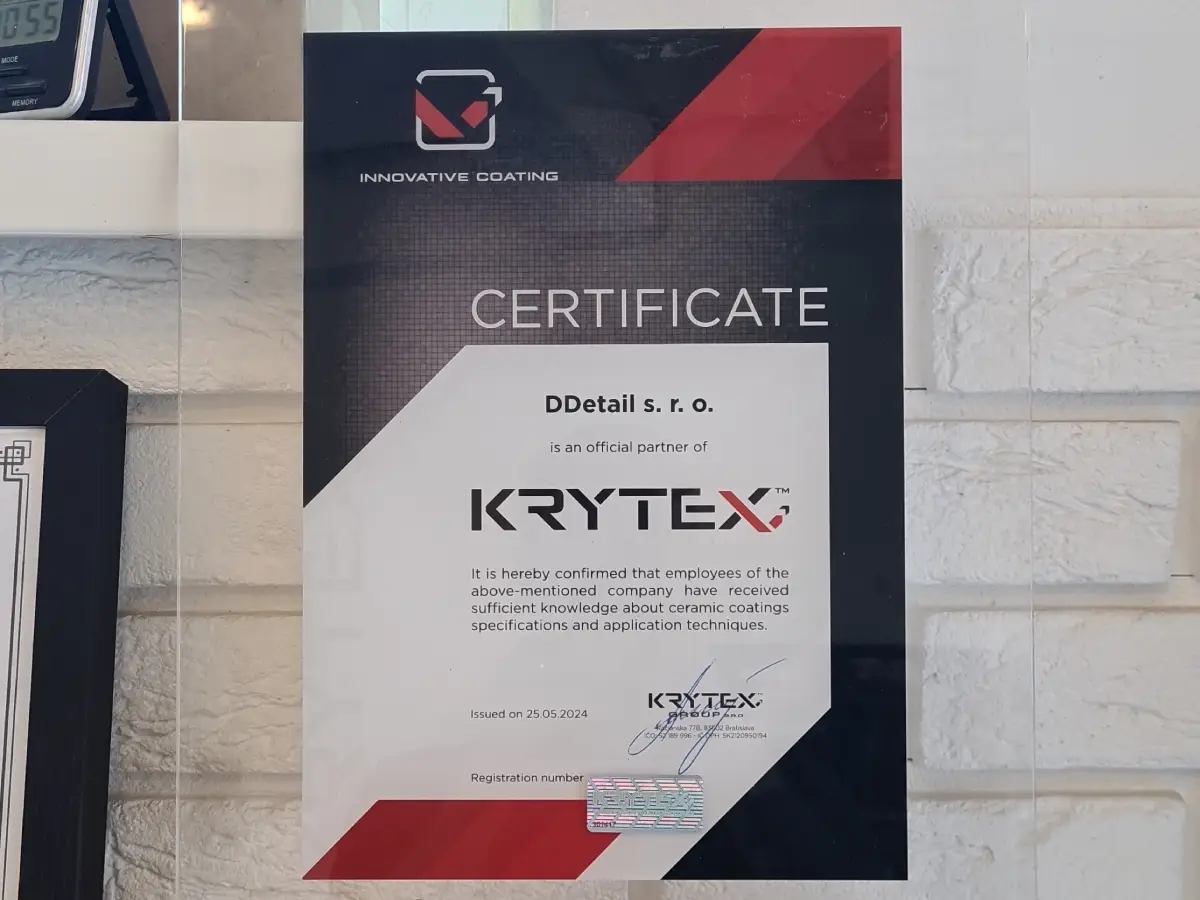 Certifikát autorizovaného aplikátora keramickej ochrany Krytex